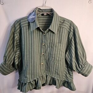 CHYRII Striped Ruffle Collared Cropped Blouse Green 80% Cotton S Button-Down